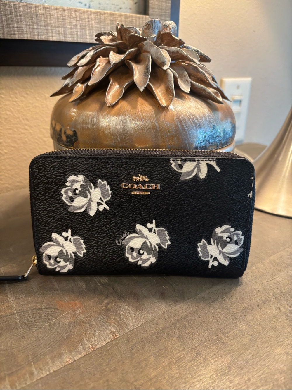 Coach Black Wallet with White Floral Print